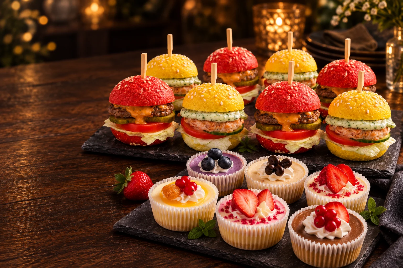 Mini burgeru un mini siera kūku svētku galda servēšanas vizualizācija